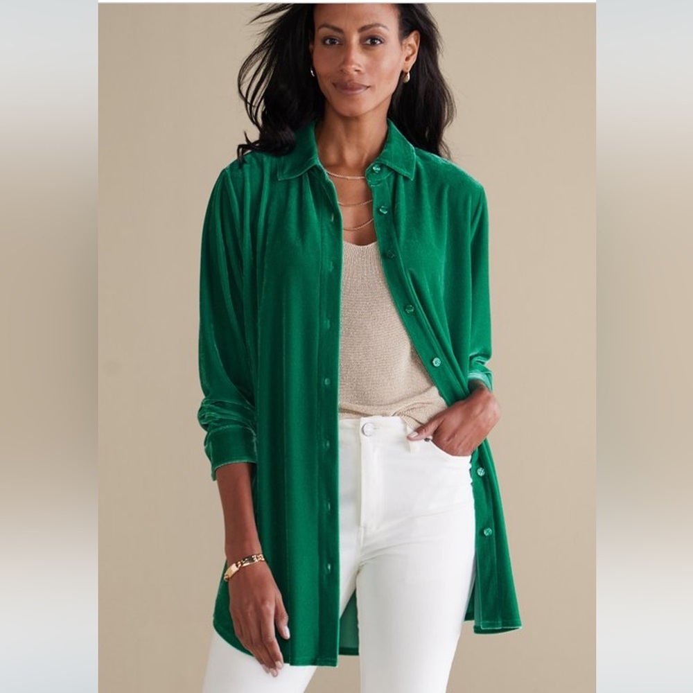 Soft Surroundings Green Velvet Long Shirt